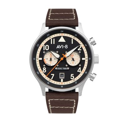 AV-4088-01 - Japanese quartz men's watch AVI-8 - Leather strap - Dual time zone and date