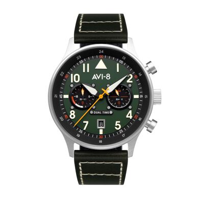 AV-4088-02 - Japanese quartz men's watch AVI-8 - Leather strap - Dual time zone and date