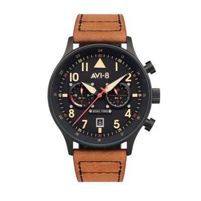 AV-4088-03 - Japanese quartz men's watch AVI-8 - Leather strap - Dual time zone and date