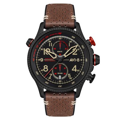 AV-4080-04 Reloj cronógrafo japonés Meca-Quartz AVI-8 para hombre Correa de cuero genuino Fecha