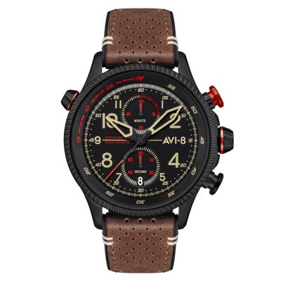 AV-4080-04 - Montre homme meca-quartz chronographe japonais AVI-8 - Bracelet cuir véritable - Date