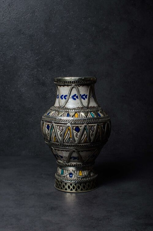 Vintage Hand-Painted Moroccan Metal and Ceramic Vase
