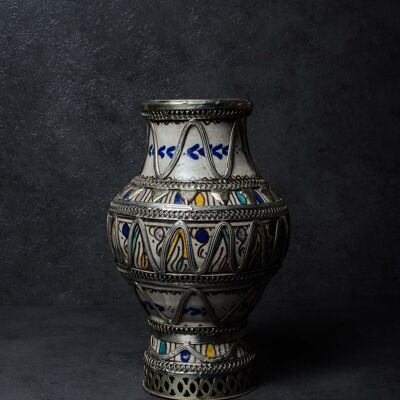 Vaso vintage marocchino in metallo e ceramica dipinto a mano