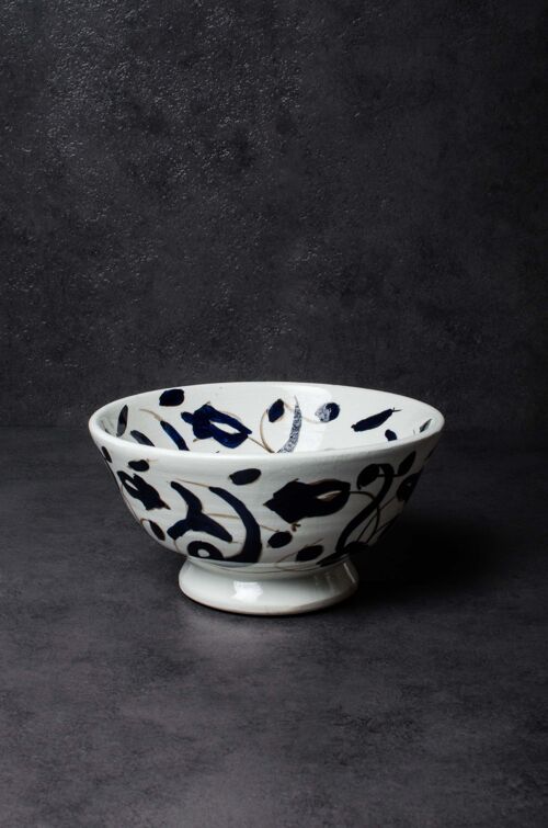 Vintage Hand-Painted Moroccan Blue Abstract Ceramic Bowl