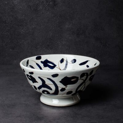 Vintage Hand-Painted Moroccan Blue Abstract Ceramic Bowl