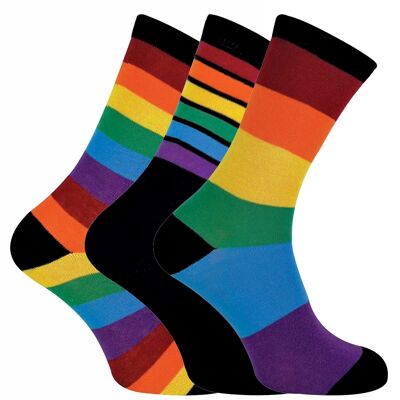 3 paia di calzini arcobaleno a righe con motivi luminosi da uomo