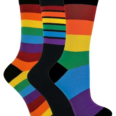 3 pares de calcetines de arcoíris a rayas con estampado brillante para mujer