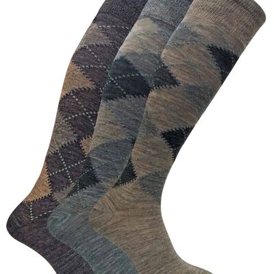 3 Paar extra lange kniehohe Herrensocken aus Argyle-Lammwolle