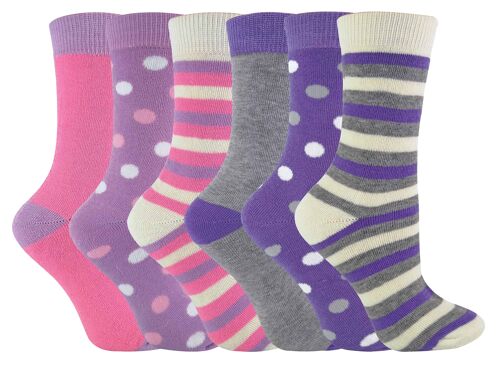 6 Pack Womens Mid Calf Cute Pink/Purple Stripes Crew Cotton Socks