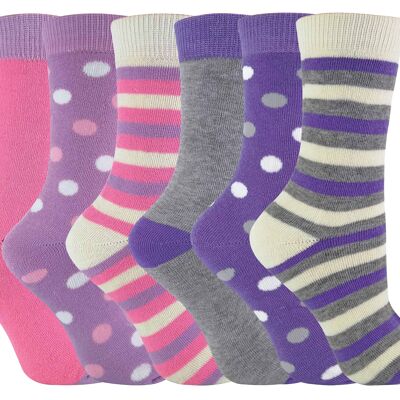 6 Pack Womens Mid Calf Cute Pink/Purple Stripes Crew Cotton Socks