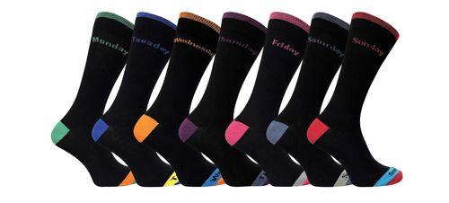 7 Pack Mens Black / Coloured Heel & Toe Day of the Week Cotton Socks