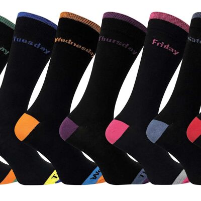 7 Pack Mens Black / Coloured Heel & Toe Day of the Week Cotton Socks