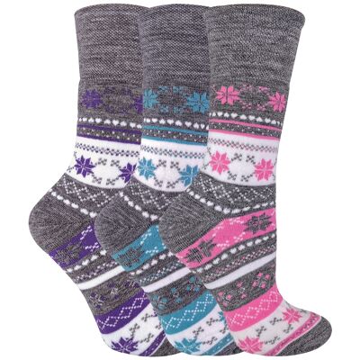 Ladies 3 Pairs of Thick Winter Warm Fairisle Patterned Thermal Socks with Non-Elastic Top