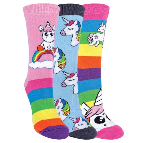 Striped Rainbow Unicorn Socks for Women | Ladies Novelty Cotton Rich Socks | Pack of 3