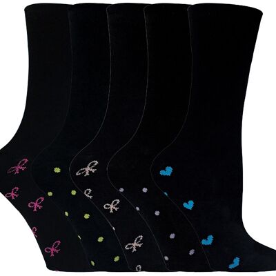 SOCK SNOB -Paquete de 5 pares de calcetines de mujer de algodón negro con diseño de corazón y lazos rosas