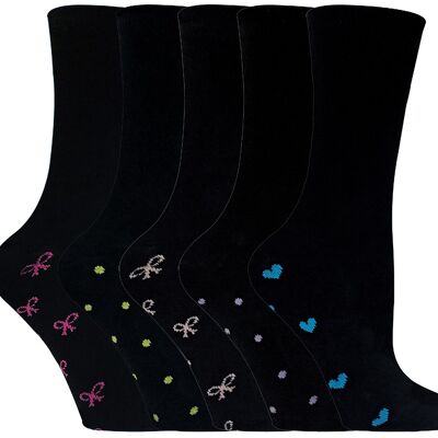 SOCK SNOB -Ladies 5 Pairs Mulitpack Black Cotton Socks with Heart & Pink Bows Design