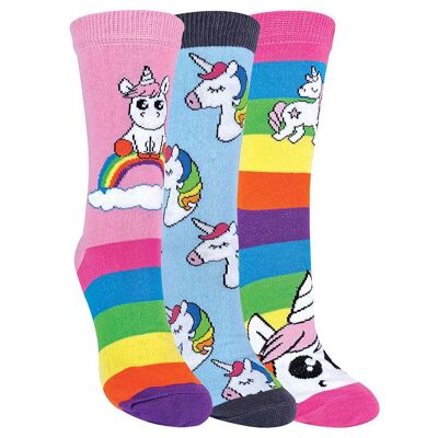 Childrens Girls 3 Pack Mythical Unicorn Striped Rainbow Theme Socks