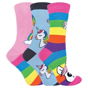 Lot de 3 paires de chaussettes à thème arc-en-ciel rayées Mythical Unicorn pour enfants 2