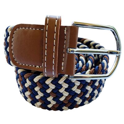 Cinturón Elástico Tejido Triple Raya - Marrón Beige y Azul Marino