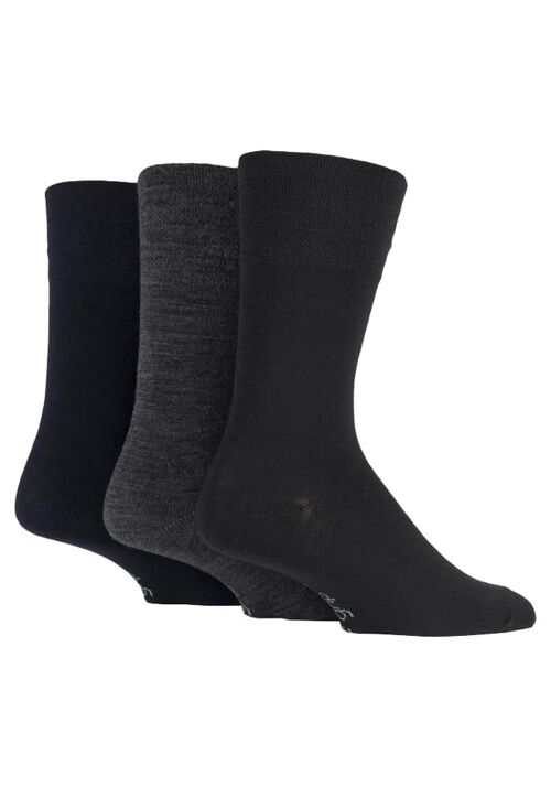 3 pack mens black grey patterned non elastic loose top wool socks (MWGG02) (6-11 UK)