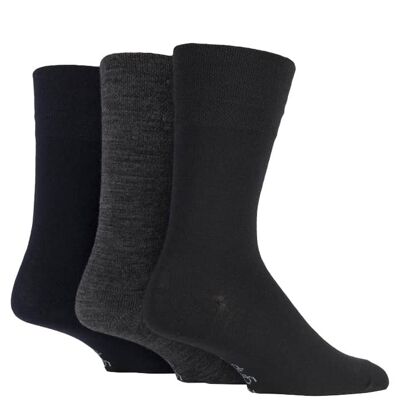 3 pack mens black grey patterned non elastic loose top wool socks (MWGG02) (6-11 UK)
