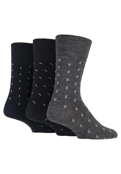 3 pack mens black grey patterned non elastic loose top wool socks (MWGG04) (6-11 UK)