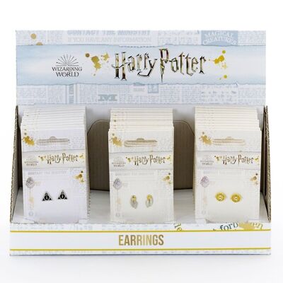 Caja expositora de Harry Potter que contiene 10 de cada uno de los aretes de las Reliquias de la Muerte, la Snitch Dorada y el Giratiempo