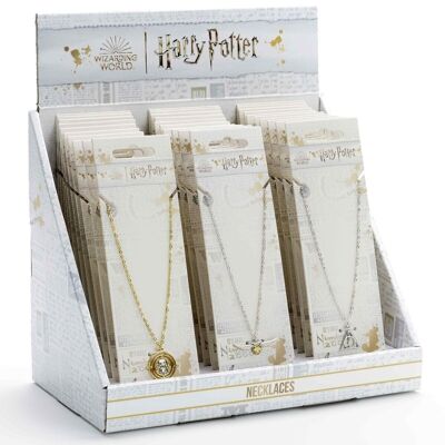 Scatola espositiva di Harry Potter contenente 10 collane dei Doni della Morte, Boccino d'Oro e Giratempo