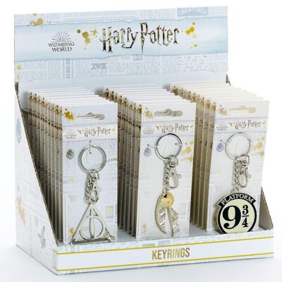 Harry Potter Display Box containing 10 of each Deathly Hallows, Golden Snitch, & Platform 9 3/4 Keyrings