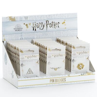 Harry Potter Display Box containing 10 of each Deathly Hallows, Golden Snitch, & Time Turner Pin Badges