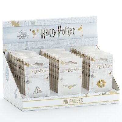 Boîte de présentation Harry Potter contenant 10 badges à épingles Reliques de la mort, Vif d'or et Retourneur de temps