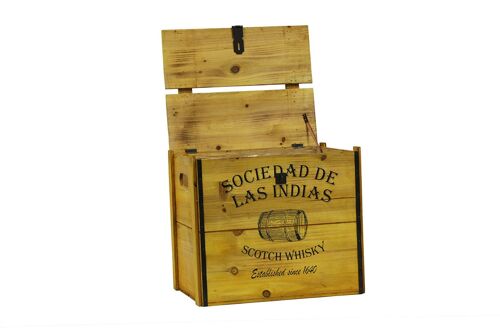 Caja de madera rústica para guardar licores con serigrafiado.