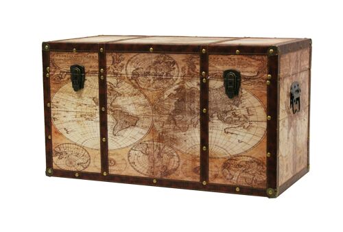 Baúl de madera decorativo con mapa mundo.
