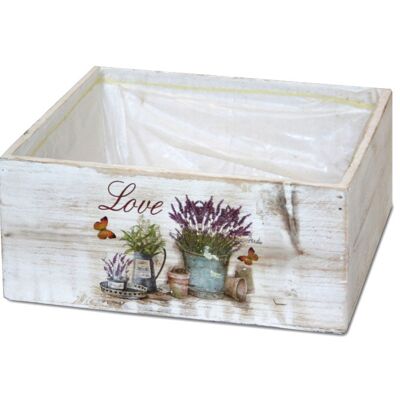 Macetero o caja de madera cuadra blanca con estampado lavanda y texto 'Love'.