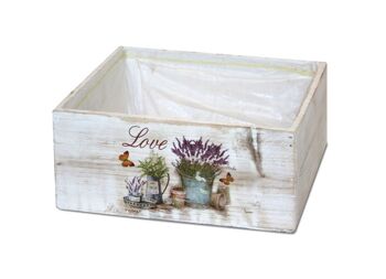 Jardinière ou boîte carrée en bois blanc avec imprimé lavande et texte « Love ».