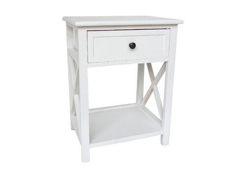 Mesita de noche o mueble auxiliar de madera blanca con un cajón y un estante.