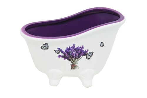Macetero forma de bañera de cerámica morada y blanca con estampado lavanda y mariposas.
