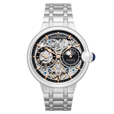 ES-8242-22 Reloj automático para hombre Skeleton Earnshaw Correa de acero inoxidable Multifunción Zona horaria dual