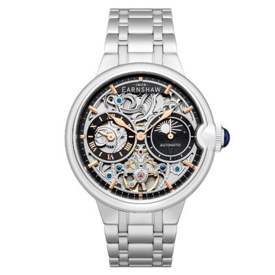 ES-8242-22 Men's Automatic Skeleton Earnshaw Watch Stainless Steel Strap Multifunction Dual Time Zone
