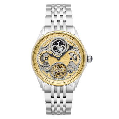 ES-8259-44 Reloj automático para hombre Skeleton Earnshaw Correa de acero inoxidable Multifunción Zona horaria dual