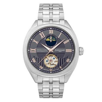 ES-8206-33 - Earnshaw automatic mechanical men's watch - stainless steel + leather strap - 3 hands with moon phase