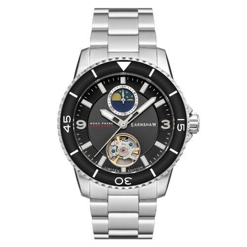 ES-8210-11 - Montre homme automatique mécanique Earnshaw - Bracelet acier inoxydable + cuir - 3 aiguilles avec phase de lune