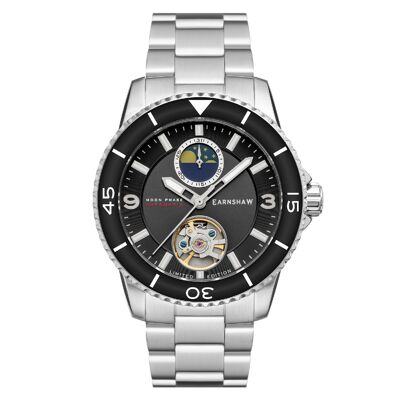 ES-8210-11 - Earnshaw automatic mechanical men's watch - Stainless steel + leather strap - 3 hands with moon phase