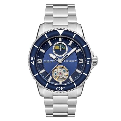 ES-8210-33 - Earnshaw automatic mechanical men's watch - Stainless steel + leather strap - 3 hands with moon phase