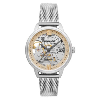 ES-8154-04 - Earnshaw skeleton automatic women's watch - Cameo + mesh leather strap - 3 hands
