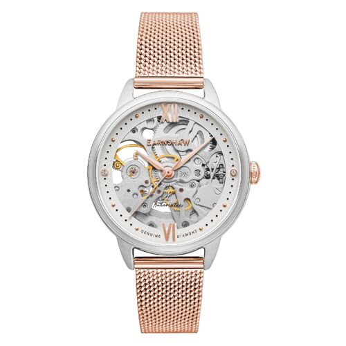 ES-8154-06 - Montre femme automatique squelette Earnshaw - Bracelet cuir + mesh - 3 aiguilles