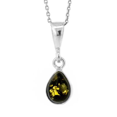 Green Amber Teardrop Pendant with 18" Trace Chain and Box
