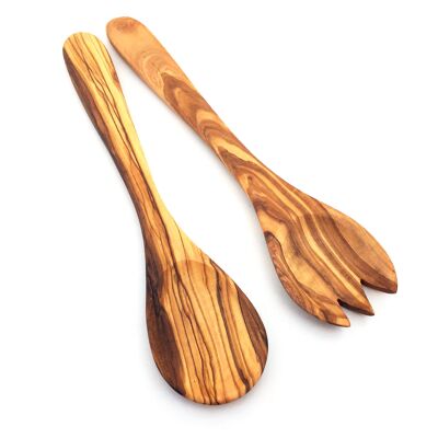 Le lot de 2 couverts à salade 30 cm plat en bois d'olivier fait main