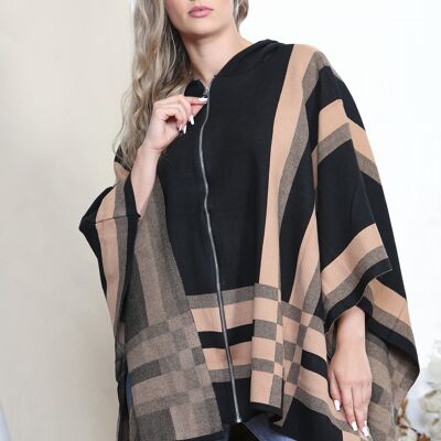 Poncho con cappuccio e zip nero/cammello