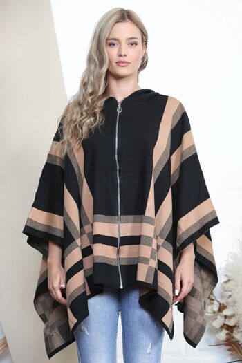 Poncho à capuche zippé Noir/Camel 4